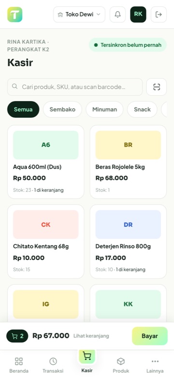 Layar kasir TokoKu di layar ponsel, dengan bar bayar menempel di bawah